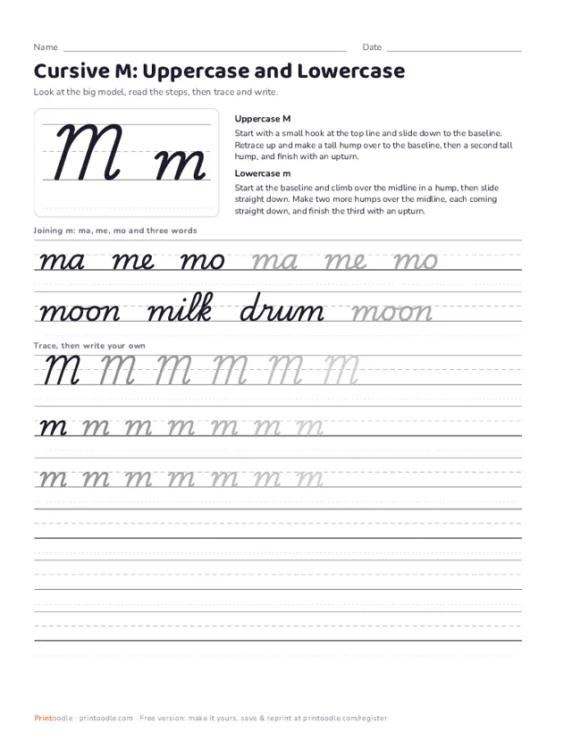 Cursive M printable sample