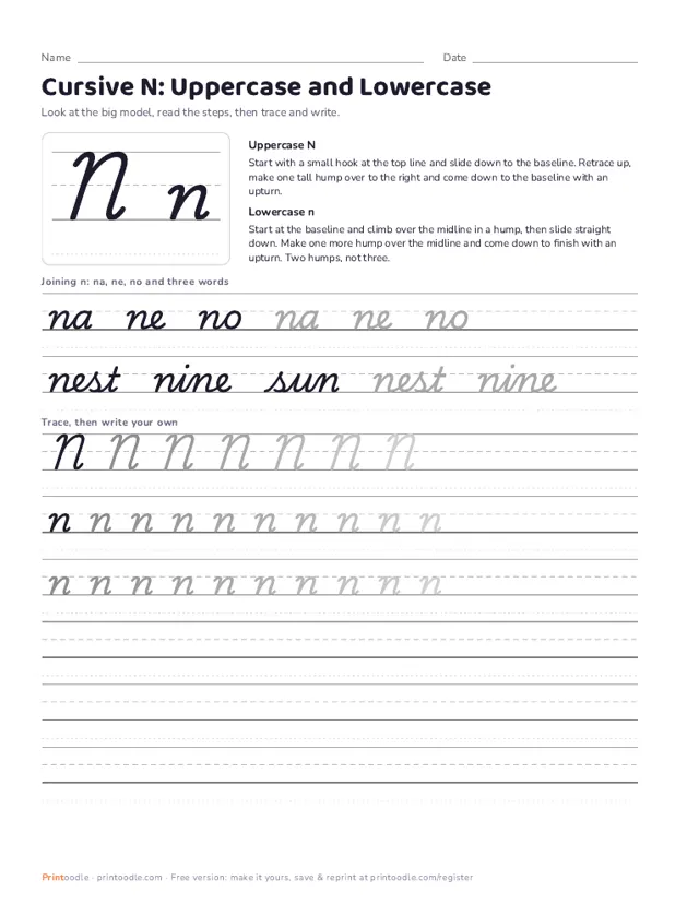 Cursive N printable sample