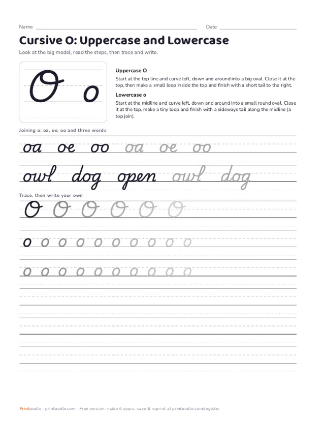 Cursive O printable sample