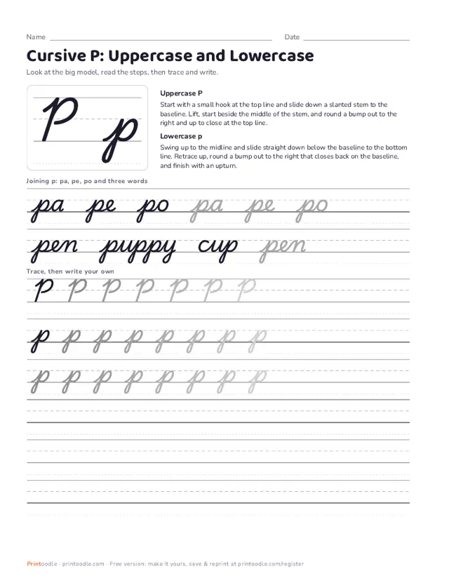 Cursive P printable sample