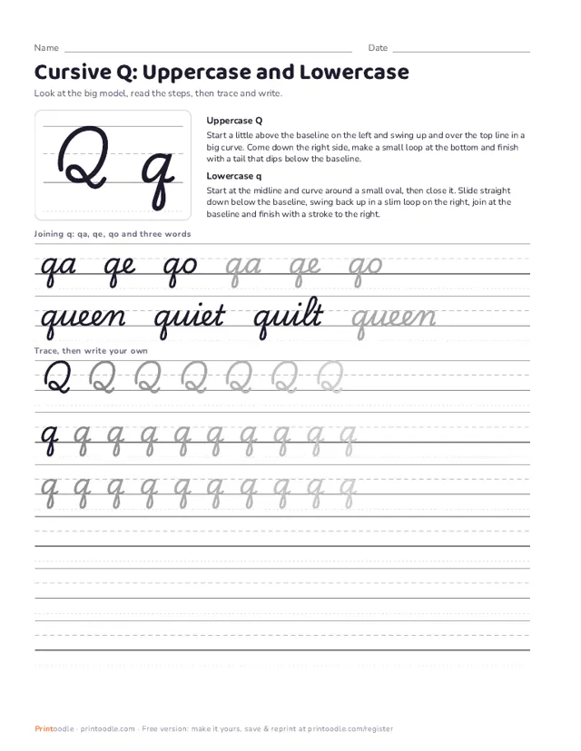 Cursive Q printable sample