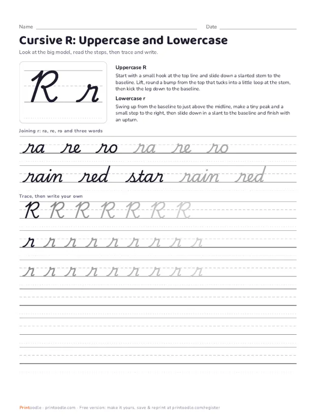 Cursive R printable sample