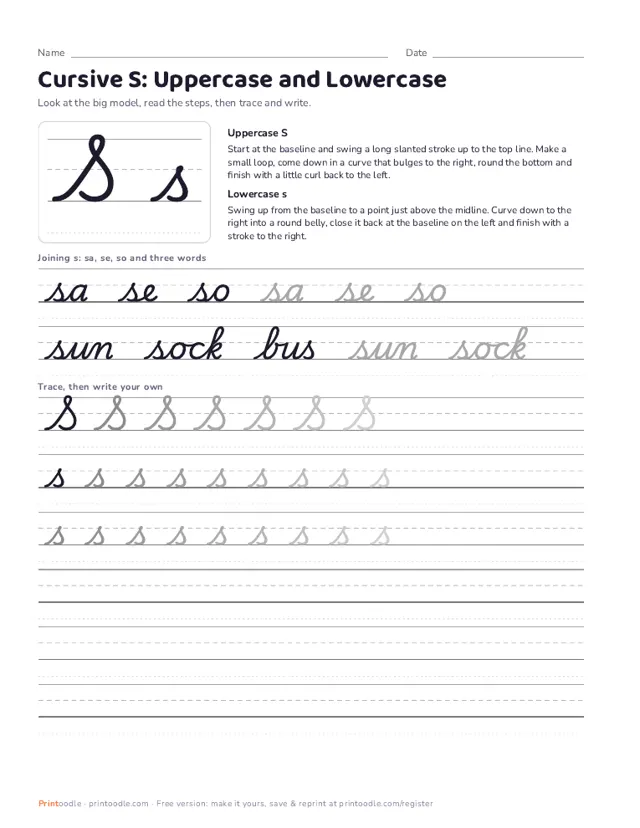 Cursive S printable sample