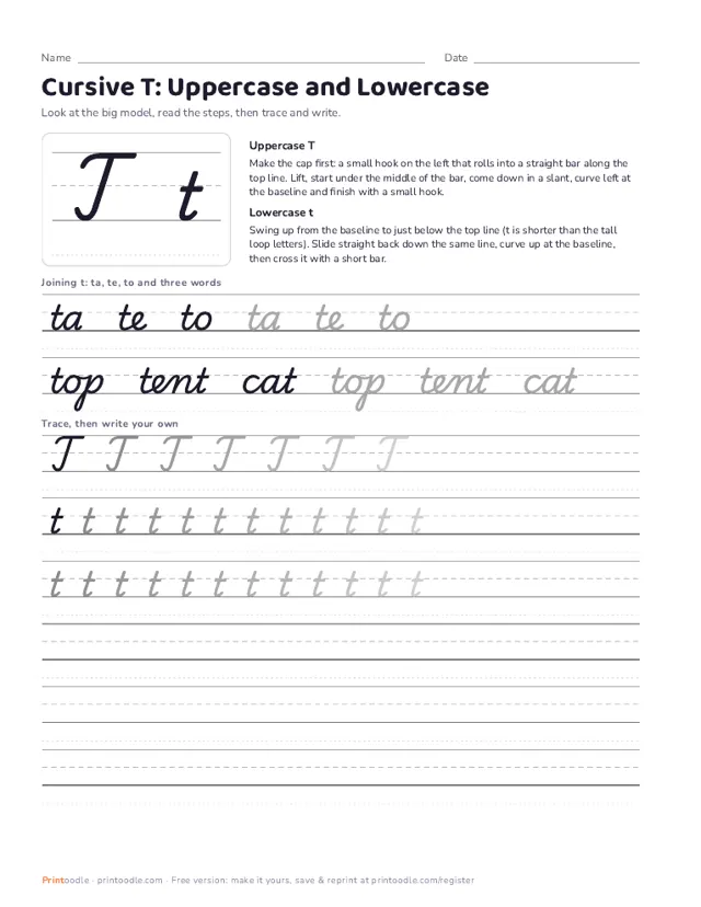 Cursive T printable sample