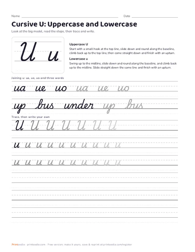 Cursive U printable sample