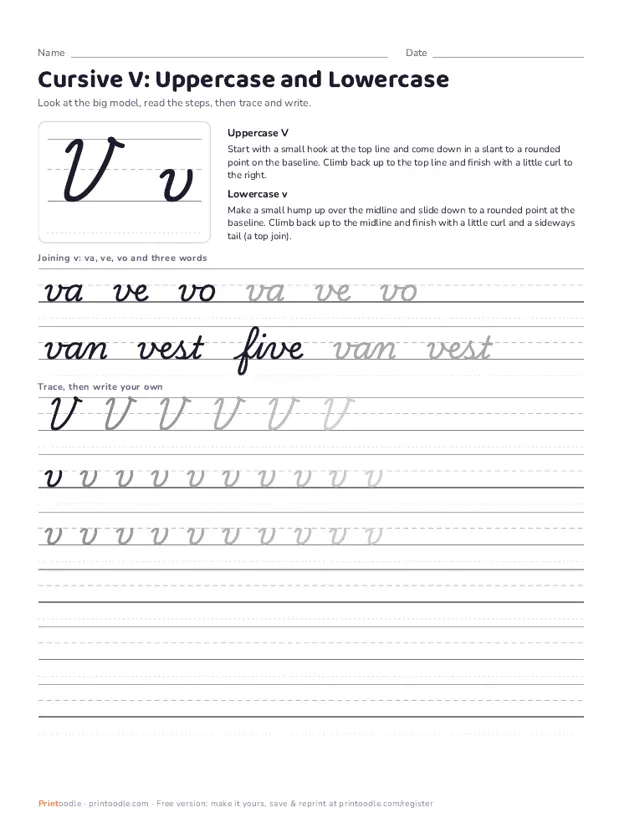 Cursive V printable sample