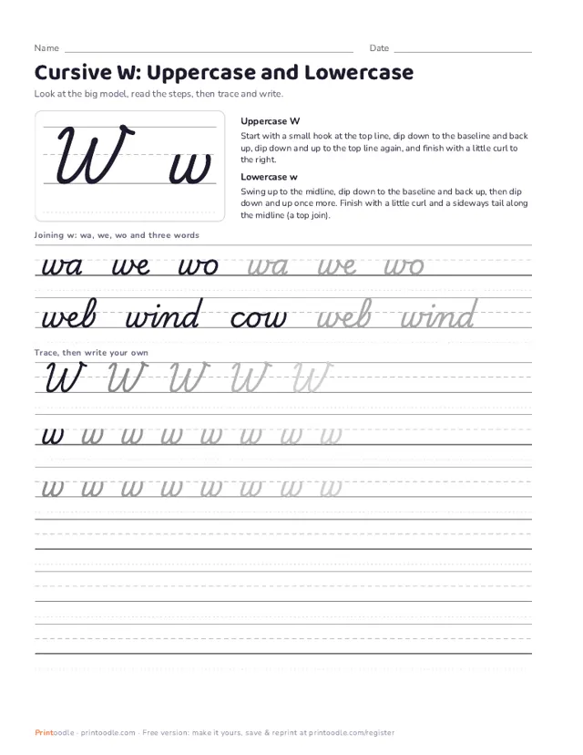 Cursive W printable sample