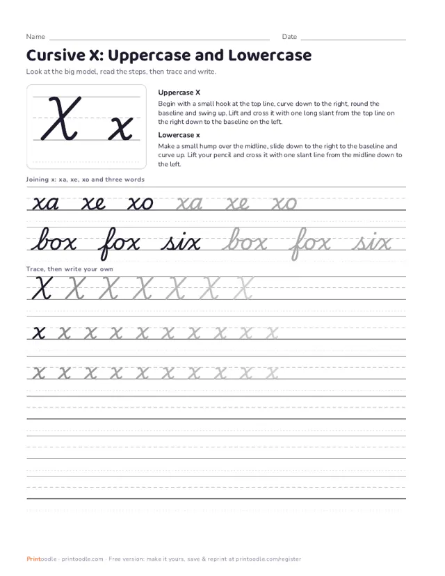 Cursive X printable sample