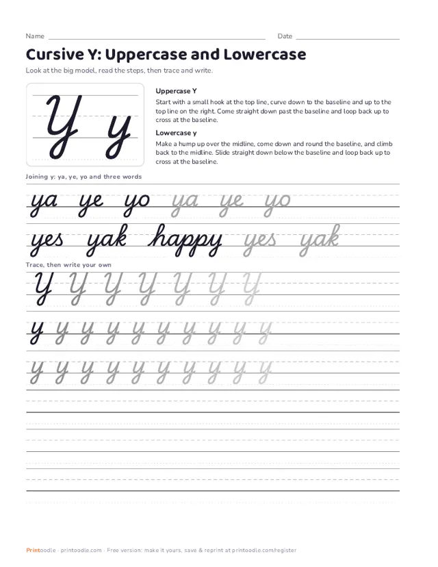 Cursive Y printable sample