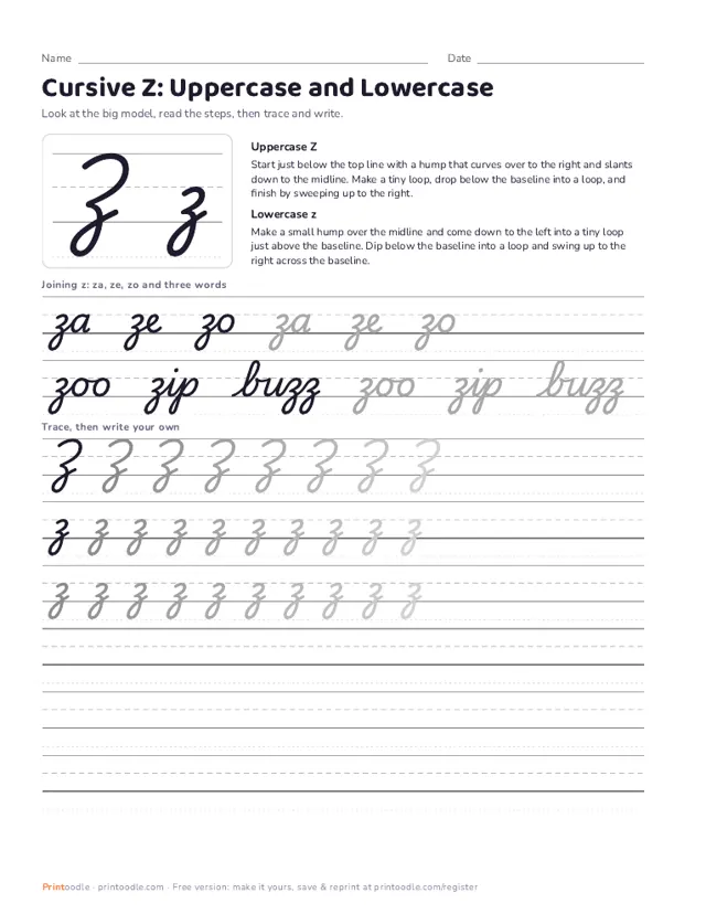 Cursive Z printable sample
