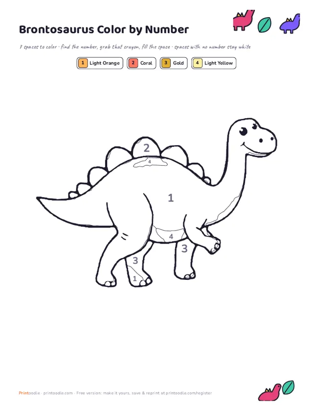 Dinosaur Color by Number printable sample