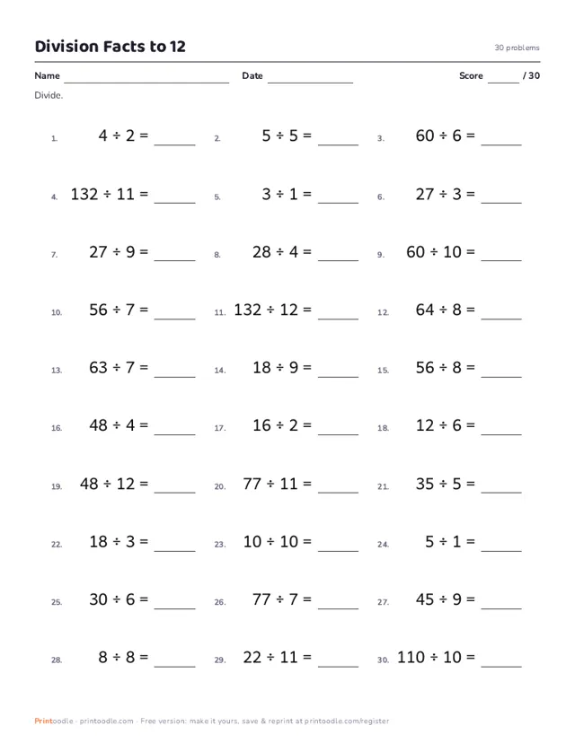 Division Worksheets printable sample