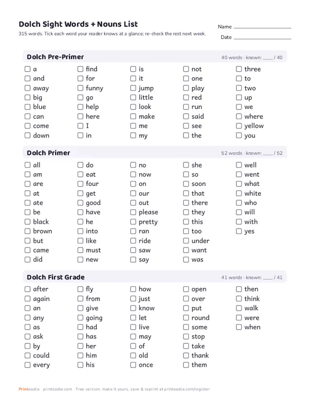 Dolch Sight Words printable sample