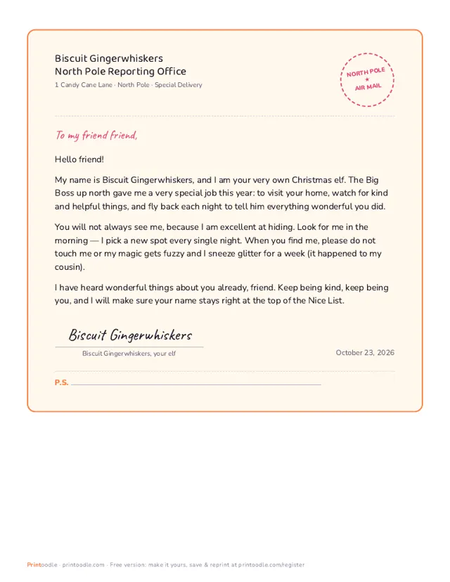 Elf Arrival Letter sample page