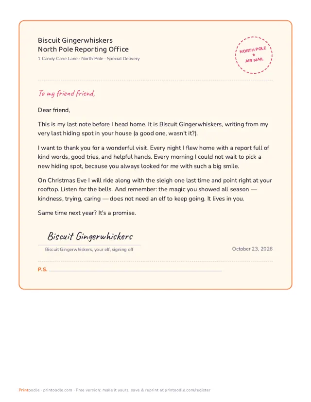 Elf Goodbye Letter sample page