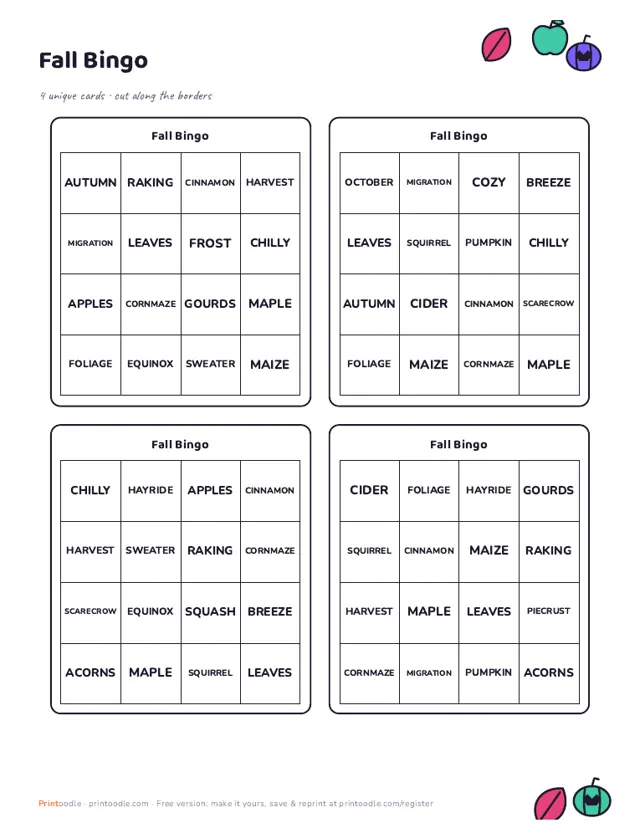 Fall Bingo Cards sample page