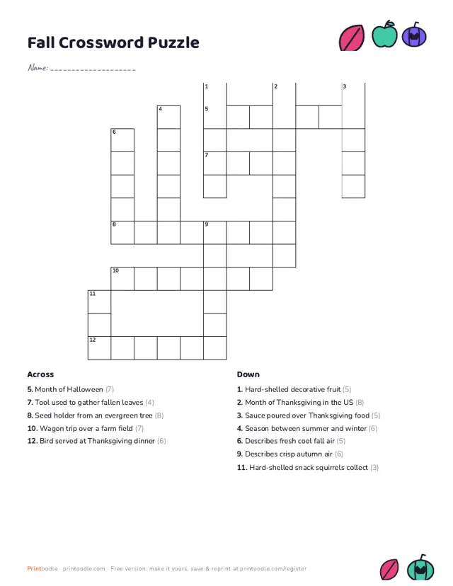 Fall Crossword Puzzle sample page