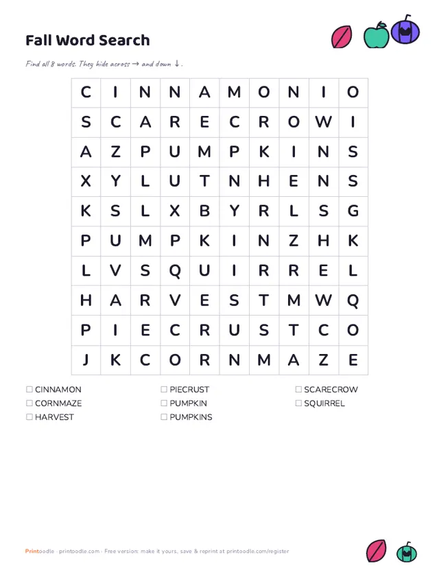 Fall Word Search sample page
