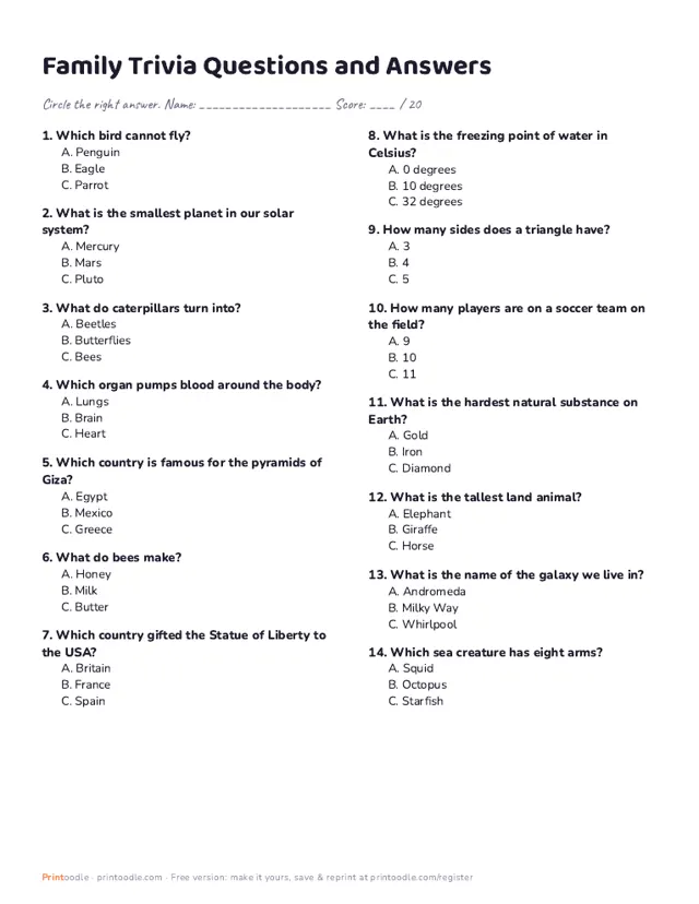 Family Trivia Questions printable sample