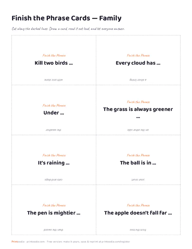 Finish the Phrase Game with Answers printable sample
