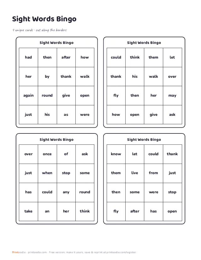 First Grade Sight Word Bingo printable sample