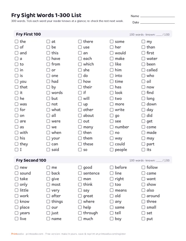 Fry Sight Words printable sample