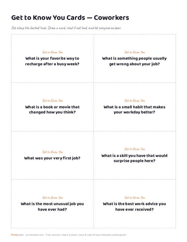 Get to Know You Questions for Coworkers printable sample