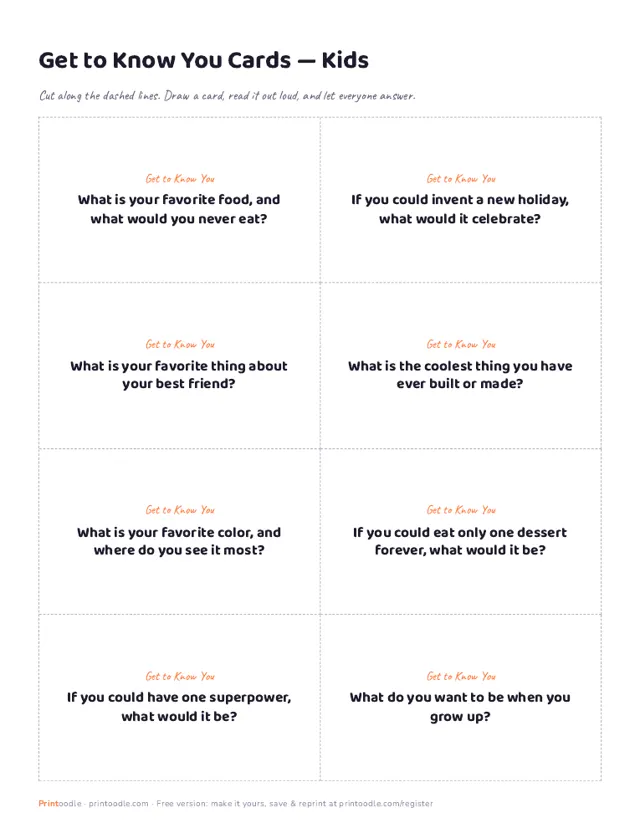 Get to Know You Questions for Kids sample page