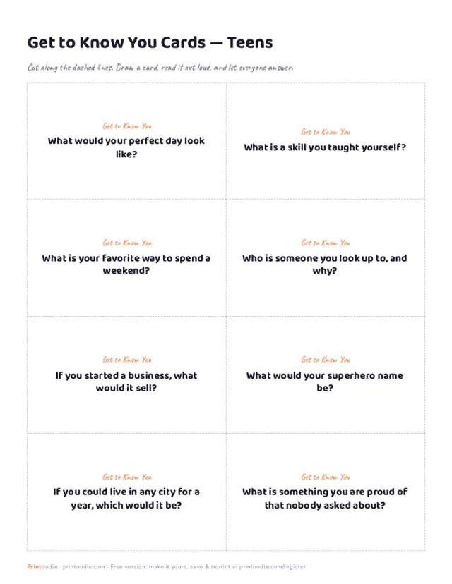Get to Know You Questions for Teens printable sample