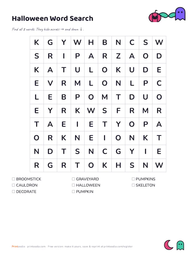 Halloween Word Search sample page
