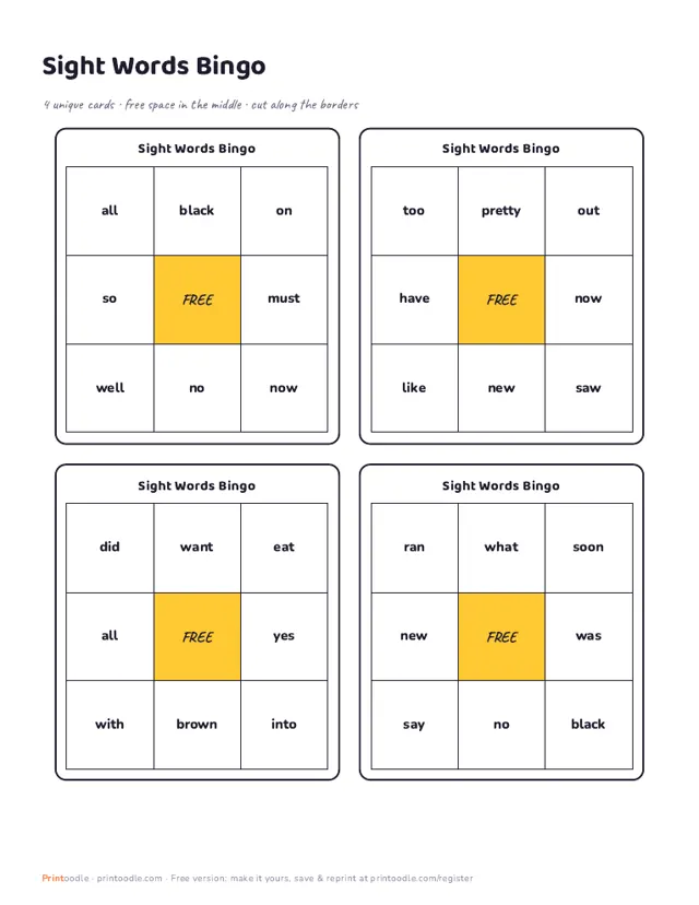 Kindergarten Sight Word Bingo printable sample