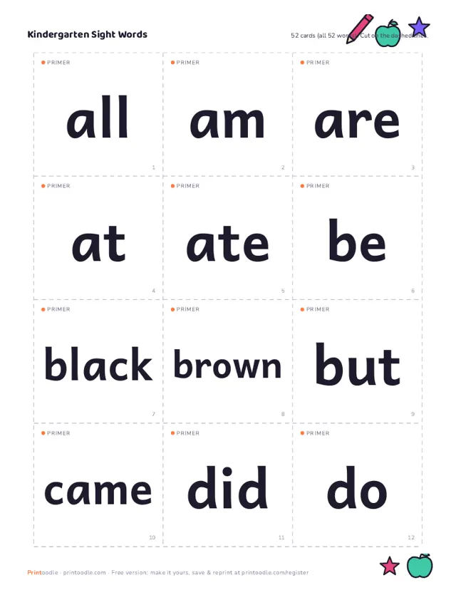 Kindergarten Sight Words printable sample