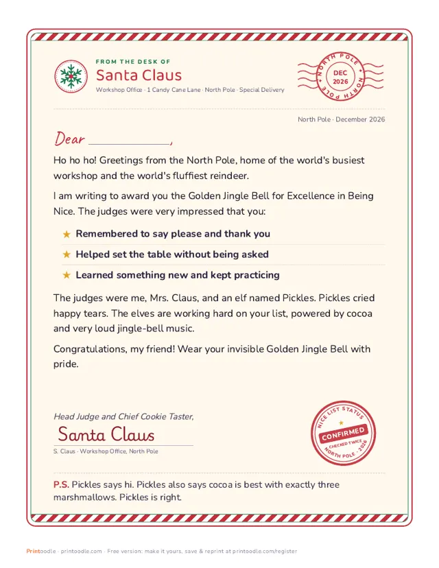 Letter from Santa Printable printable sample