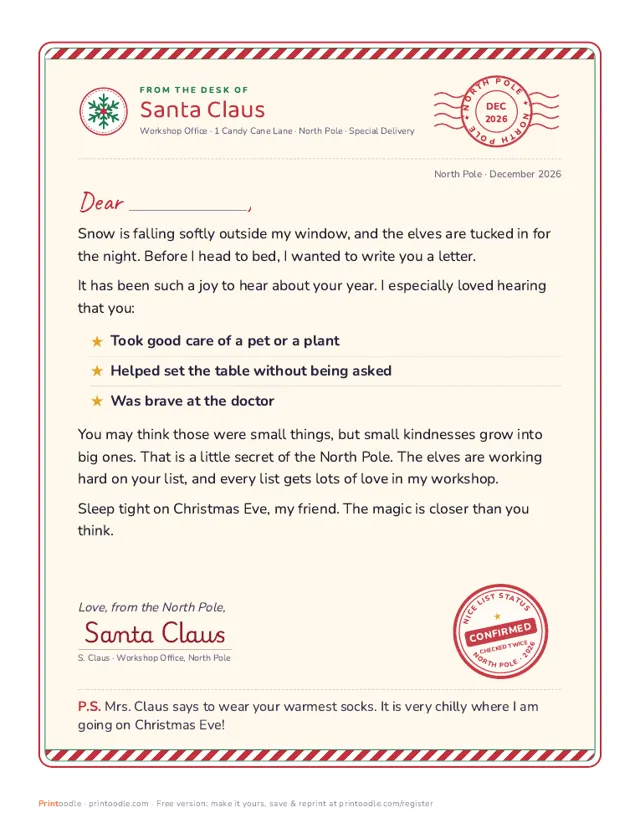 Letter from Santa printable sample