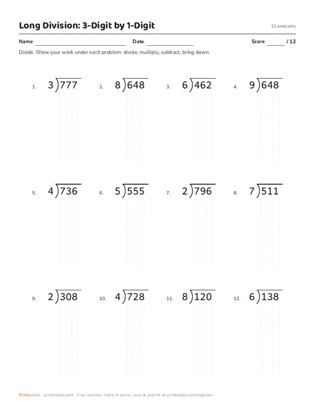 Long Division Worksheets printable sample