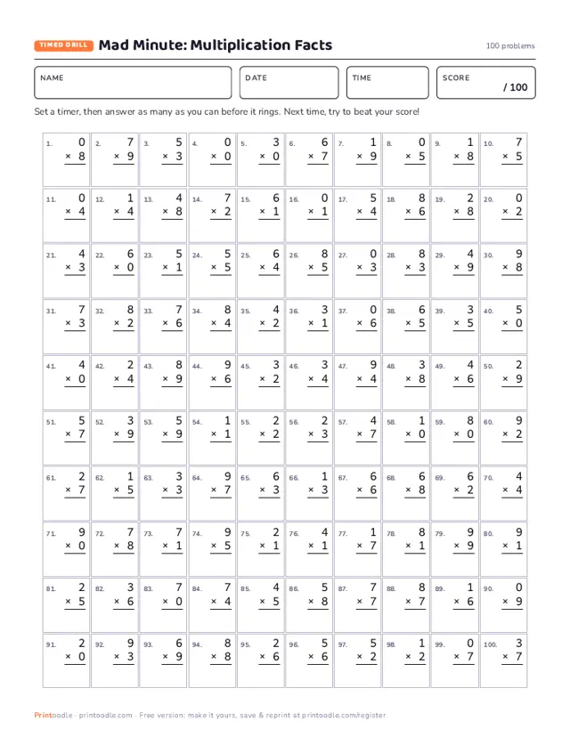 Mad Minute Math printable sample