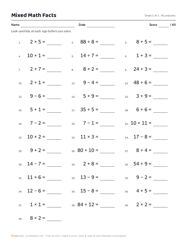 Math Fact Fluency printable sample