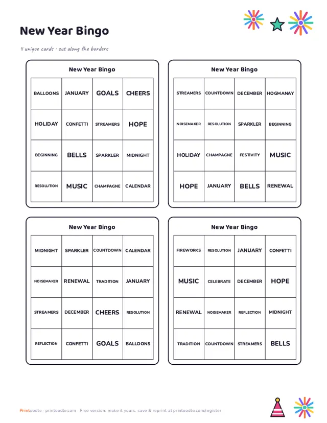 New Year Bingo Cards sample page