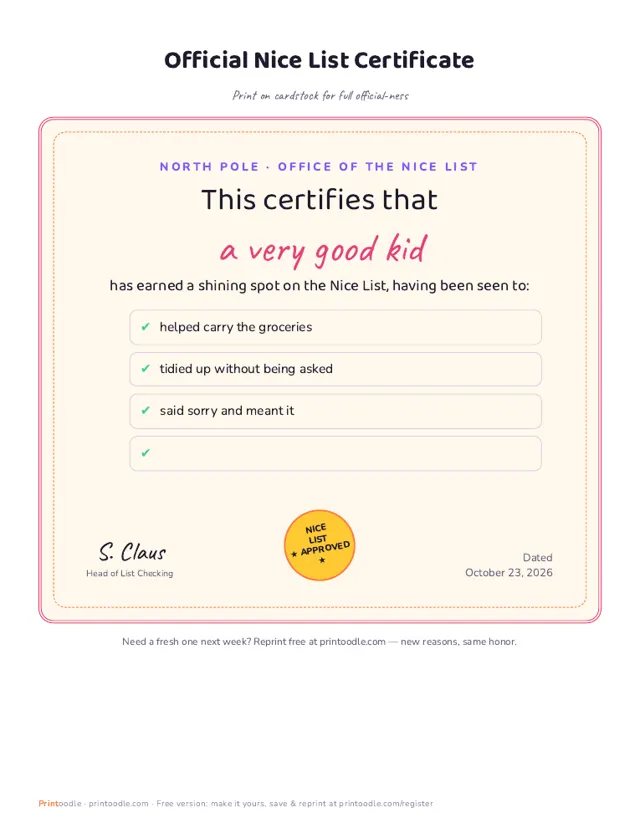 Nice List Certificate sample page