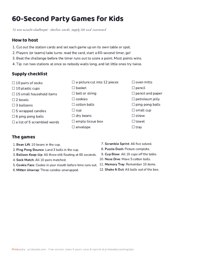 One Minute Games for Kids sample page