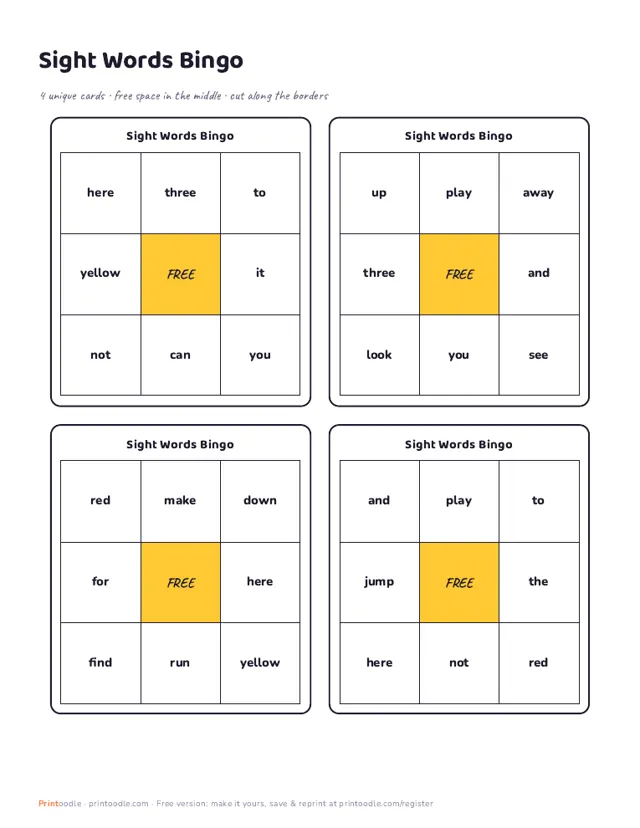 Pre-K Sight Word Bingo printable sample