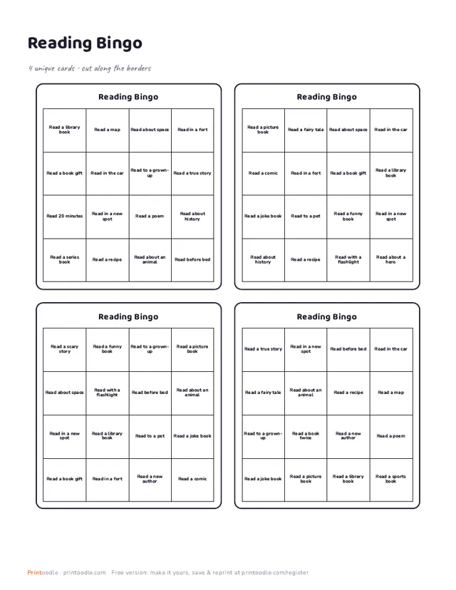 Reading Bingo printable sample
