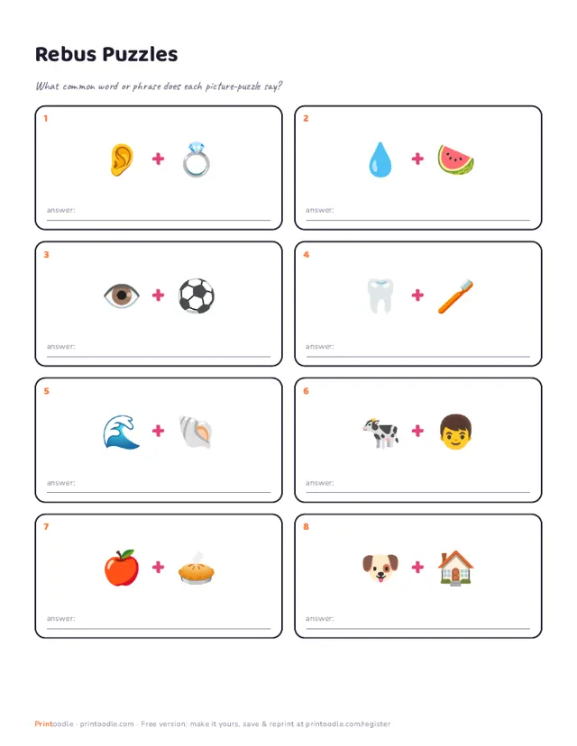 Rebus Puzzles for Kids sample page