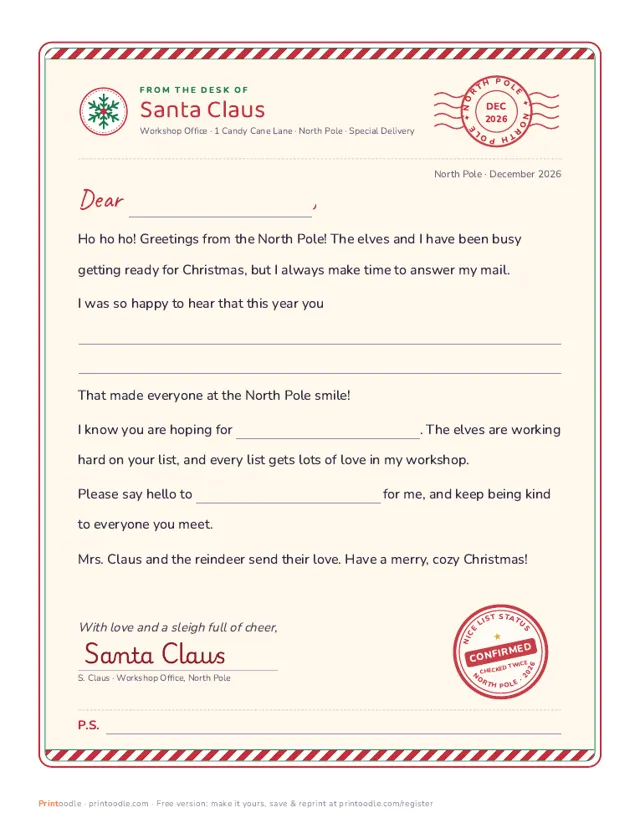 Santa Letter Template printable sample