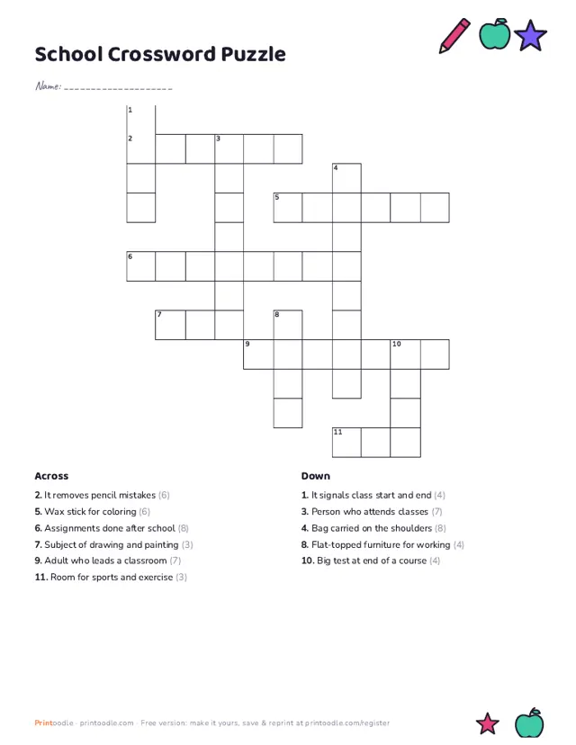 School Crossword Puzzle sample page