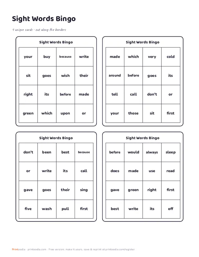 Second Grade Sight Word Bingo printable sample