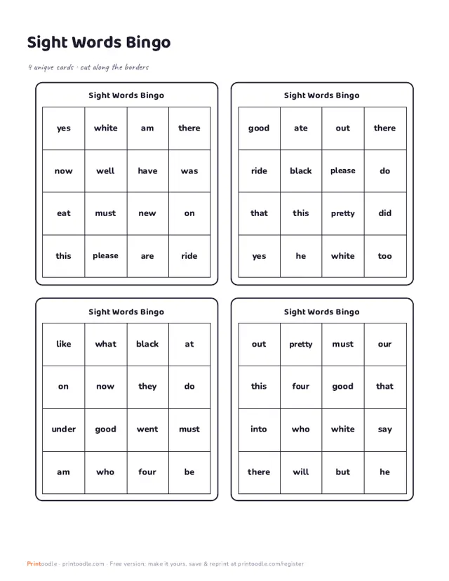 Sight Word Bingo printable sample