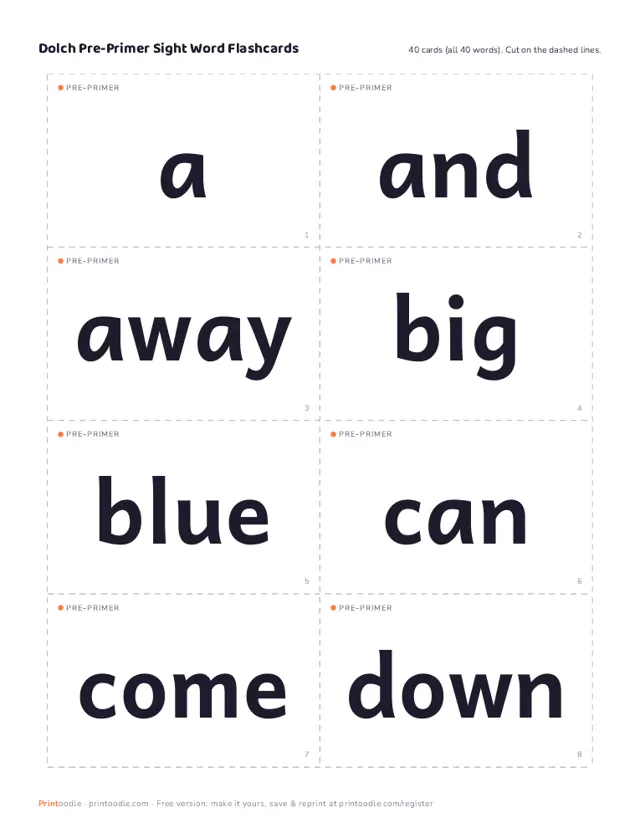 Sight Word Flashcards printable sample