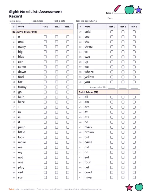 Sight Word List printable sample