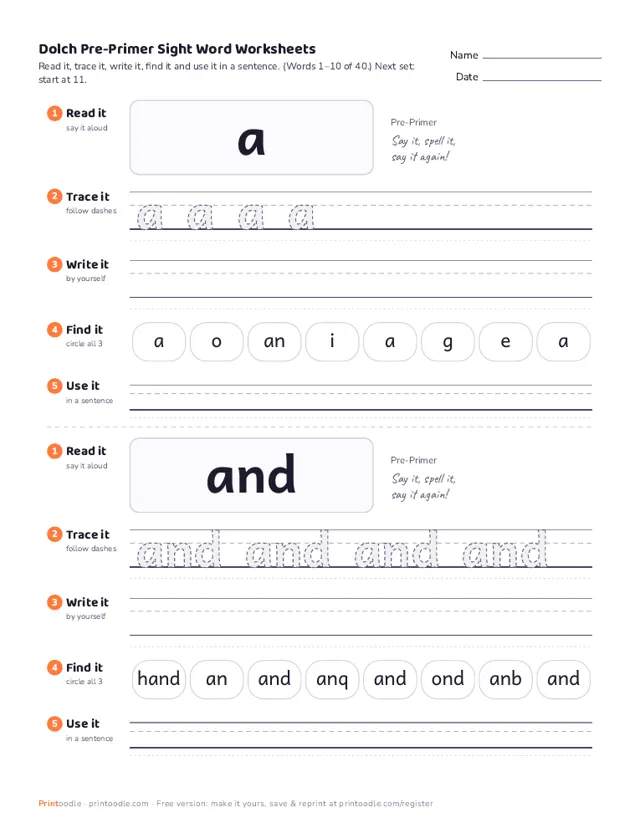 Sight Words printable sample
